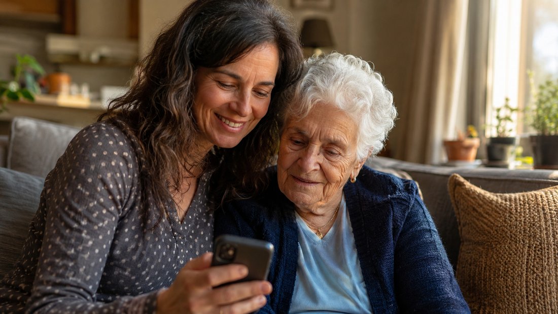 An adult daughter and her elderly mother smiling at a phone together